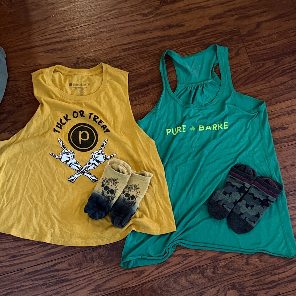 Pure Barre Women’s Yellow and Green Tank Tops and two pairs of socks